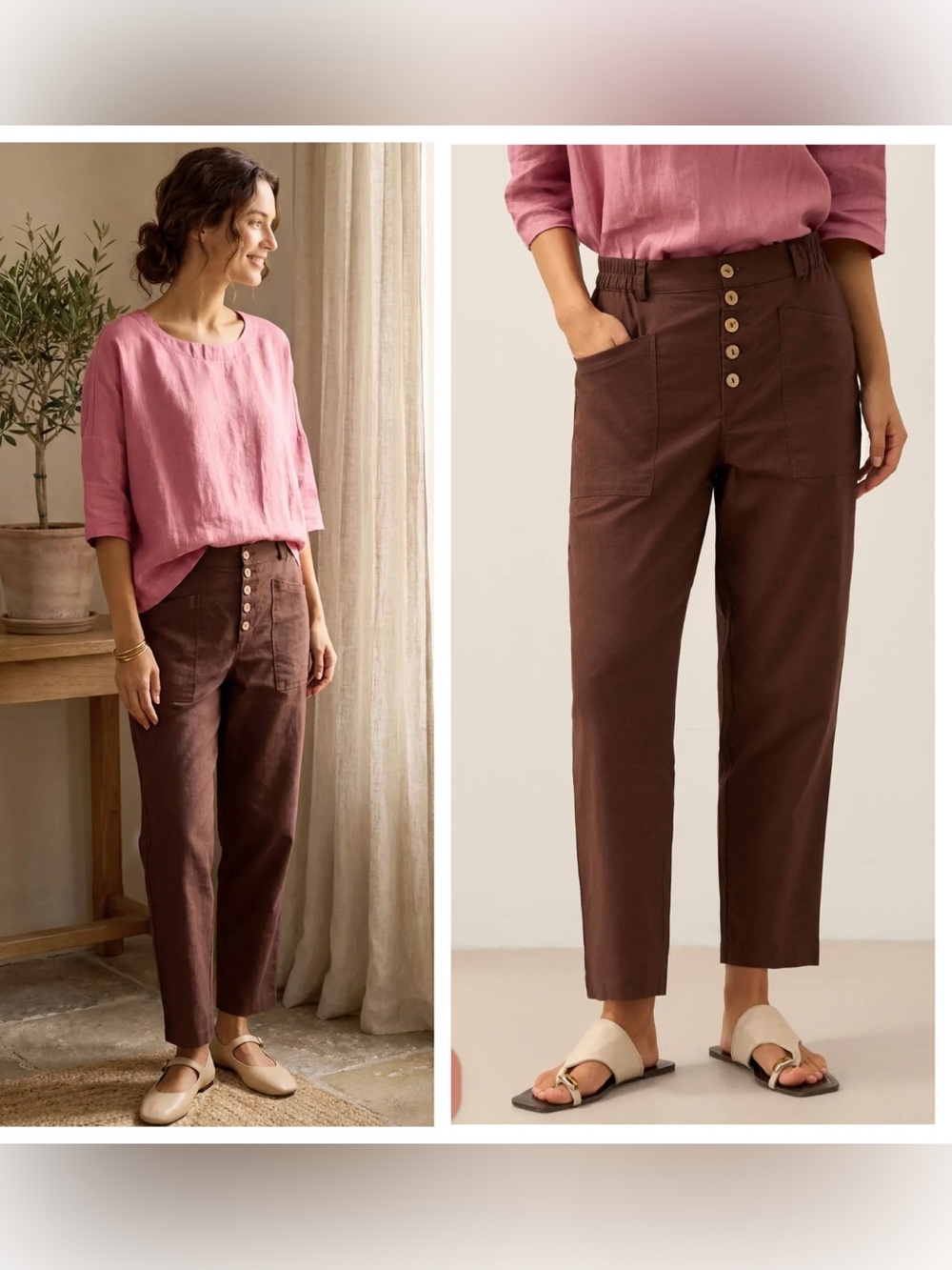 NWT Lintico button fly linen cotton Heidi trousers pants sz XL espresso brown
